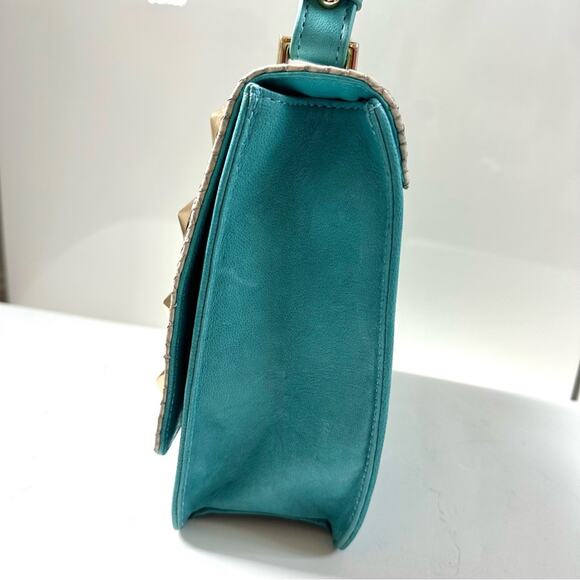 Be&D Turquoise Studded Gold  Hardware Textured Snakeskin Shoulder Handbag - Picture 10 of 15